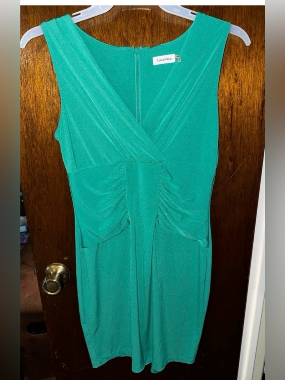 Calvin Klein Teal Sleeveless V-Neck Midi Dress with Gathered Waist